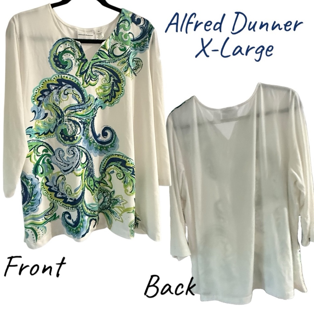 Alfred Dunner Blue and Green Paisley Graphic 3/4 Sleeve Tunic